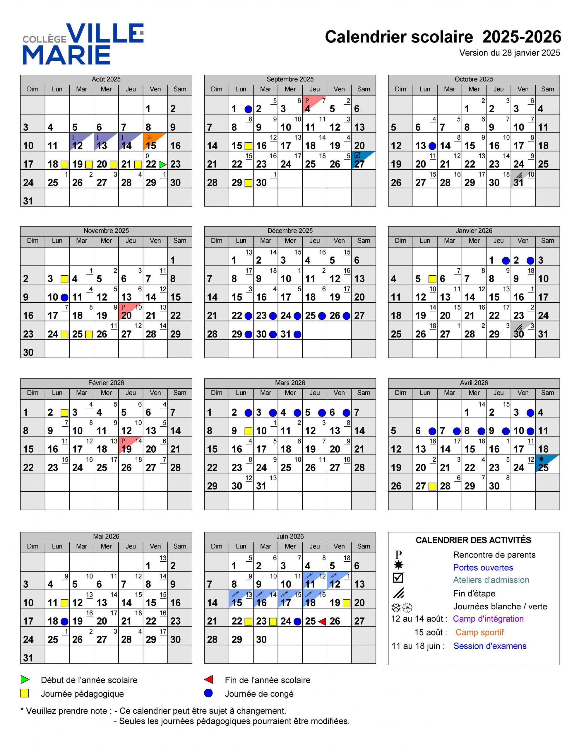 Calendrier 2025-2026